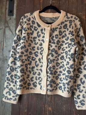 Beige and Gray Leopard-Print Button Cardigan
